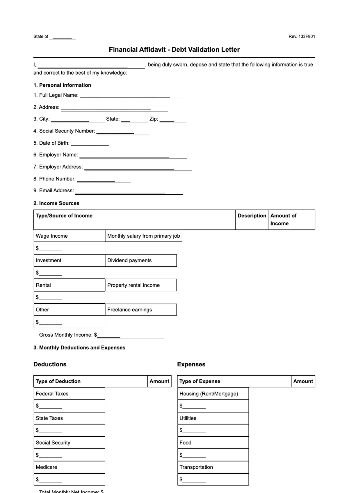 Official financial affidavit form with income expenses and assets sections_variant_3
